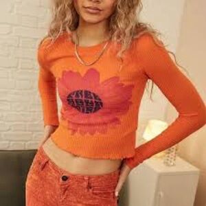 Urban Outfitters Bright Orange Floral Long Sleeve Top